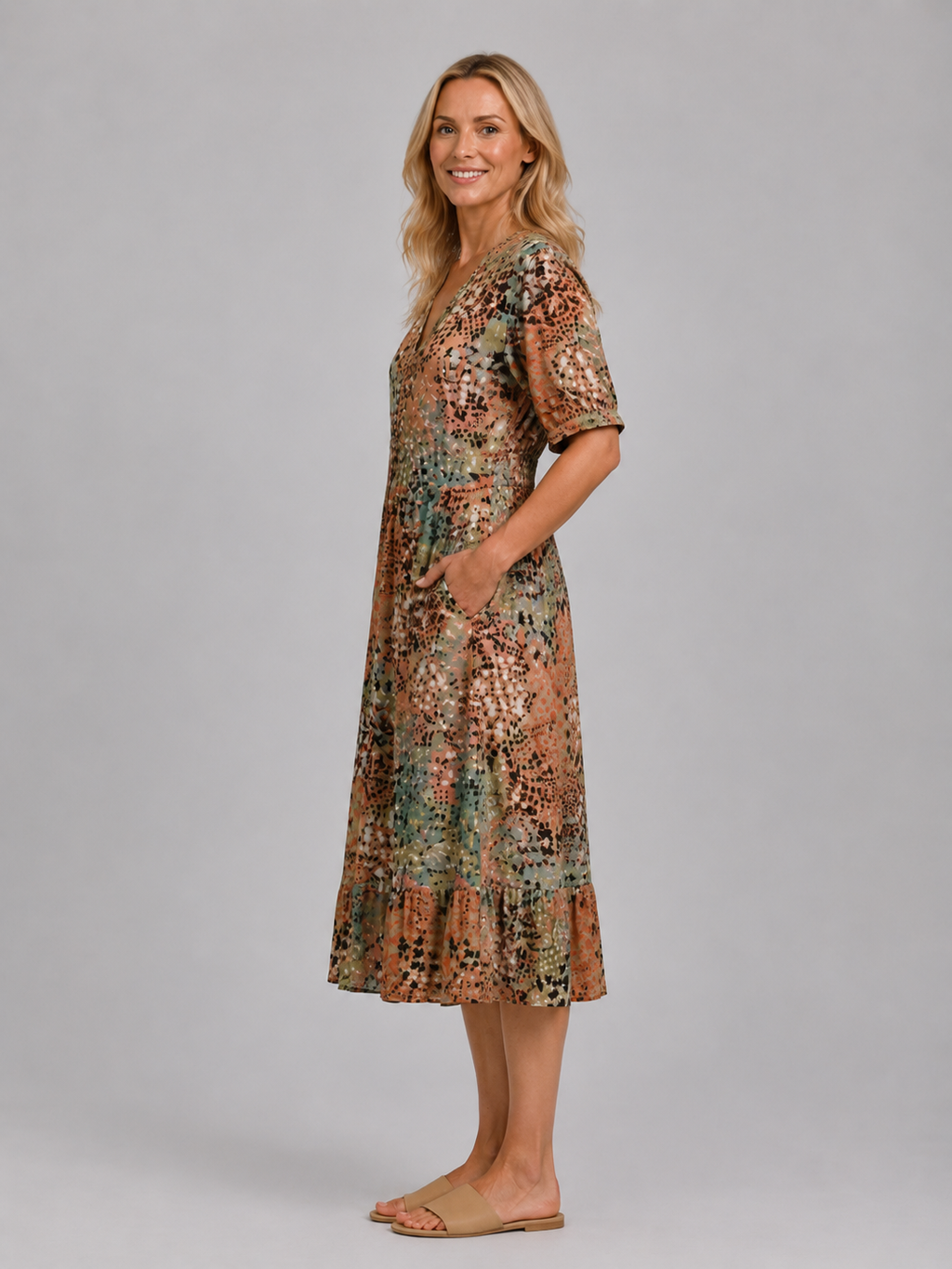 Women's Printed V-Neck Midi Dress