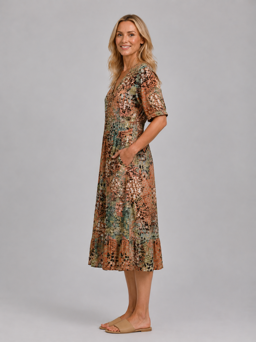 Women's Printed V-Neck Midi Dress