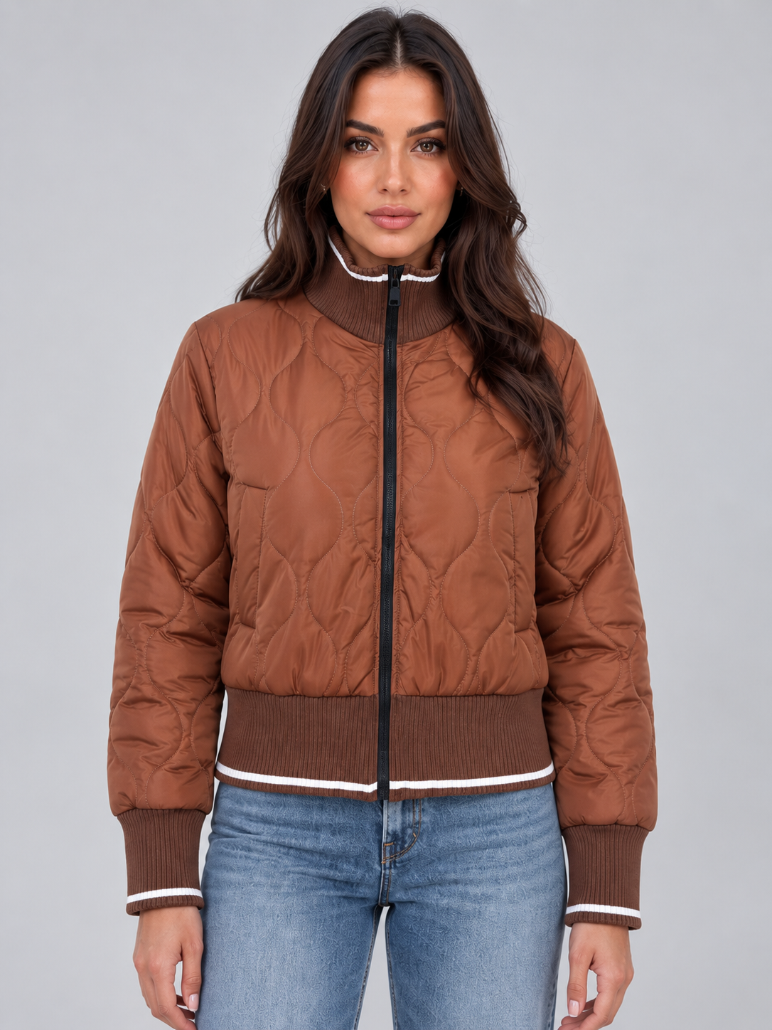 Quilted Bomber Jacket – Ribbed High Neck Zip-Up Coat