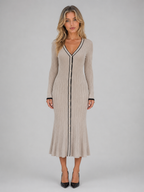 Ribbed Button Front Midi Dress – V-Neck Long Sleeve Knitted Style
