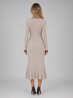 Ribbed Button Front Midi Dress – V-Neck Long Sleeve Knitted Style