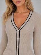 Ribbed Button Front Midi Dress – V-Neck Long Sleeve Knitted Style