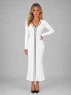 Ribbed Button Front Midi Dress – V-Neck Long Sleeve Knitted Style