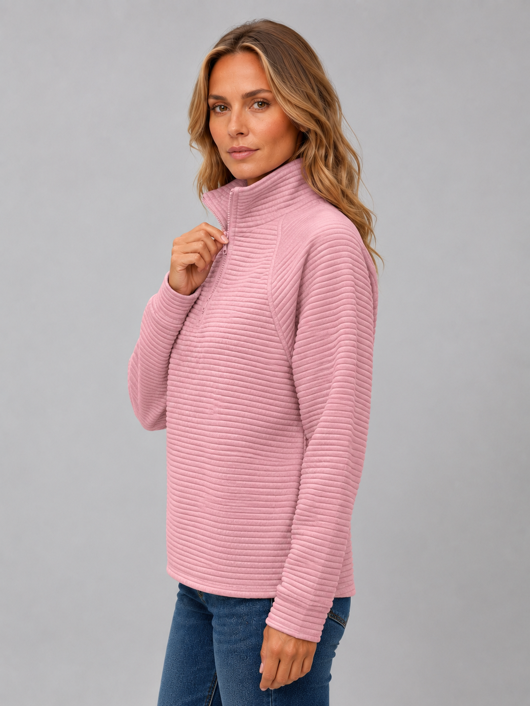 Ribbed Half Zip Pullover – Casual Knit Zip Neck Jumper