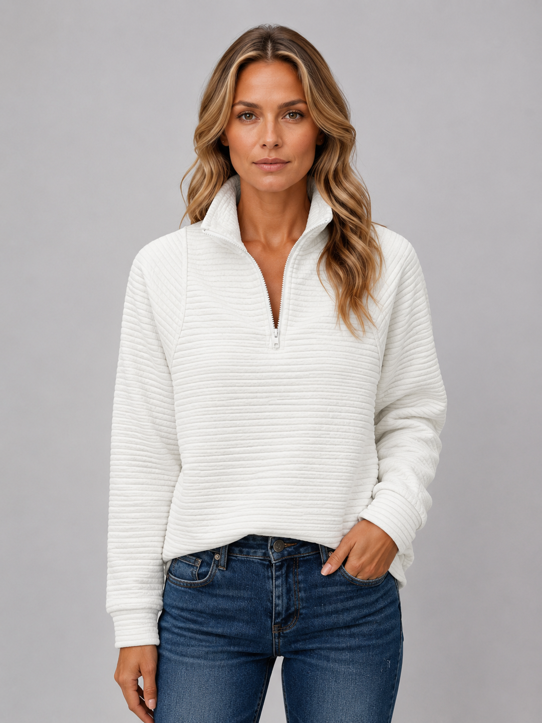Ribbed Half Zip Pullover – Casual Knit Zip Neck Jumper