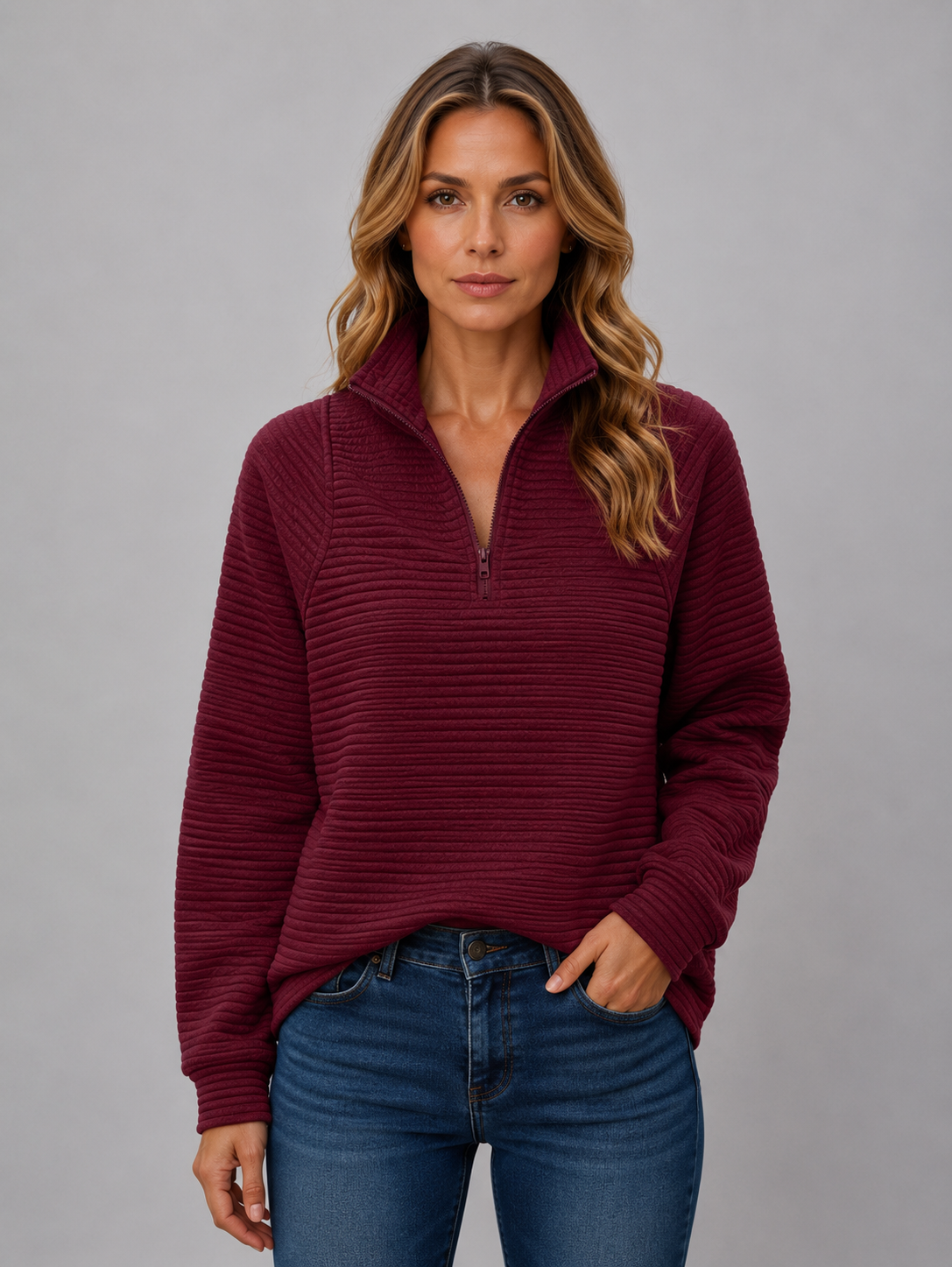 Ribbed Half Zip Pullover – Casual Knit Zip Neck Jumper
