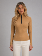 Ribbed Half Zip Top – High Neck Long Sleeve