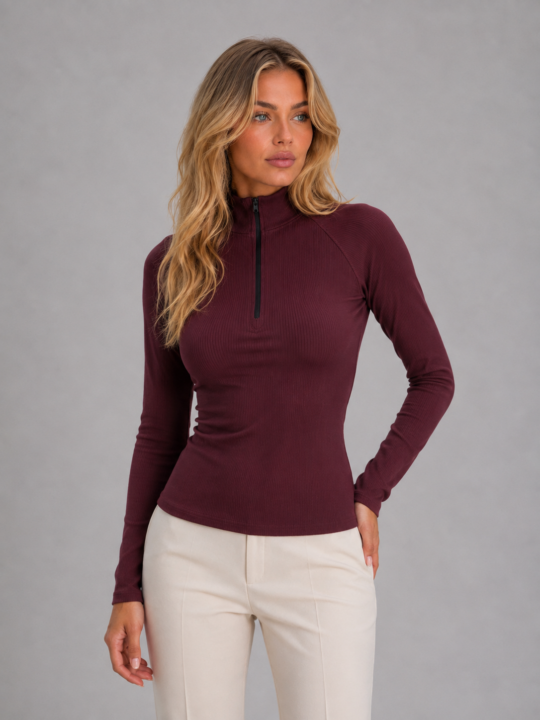 Ribbed Half Zip Top – High Neck Long Sleeve