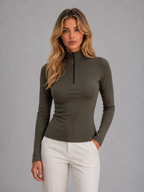 Ribbed Half Zip Top – High Neck Long Sleeve