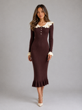 Ribbed Knit Bodycon Midi Dress – Ruffle Collar Long Sleeve Style