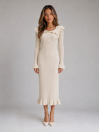 Ribbed Knit Bodycon Midi Dress – Ruffle Collar Long Sleeve Style