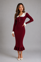 Ribbed Knit Bodycon Midi Dress – Ruffle Collar Long Sleeve Style