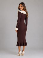 Ribbed Knit Bodycon Midi Dress – Ruffle Collar Long Sleeve Style