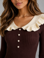 Ribbed Knit Bodycon Midi Dress – Ruffle Collar Long Sleeve Style