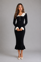 Ribbed Knit Bodycon Midi Dress – Ruffle Collar Long Sleeve Style