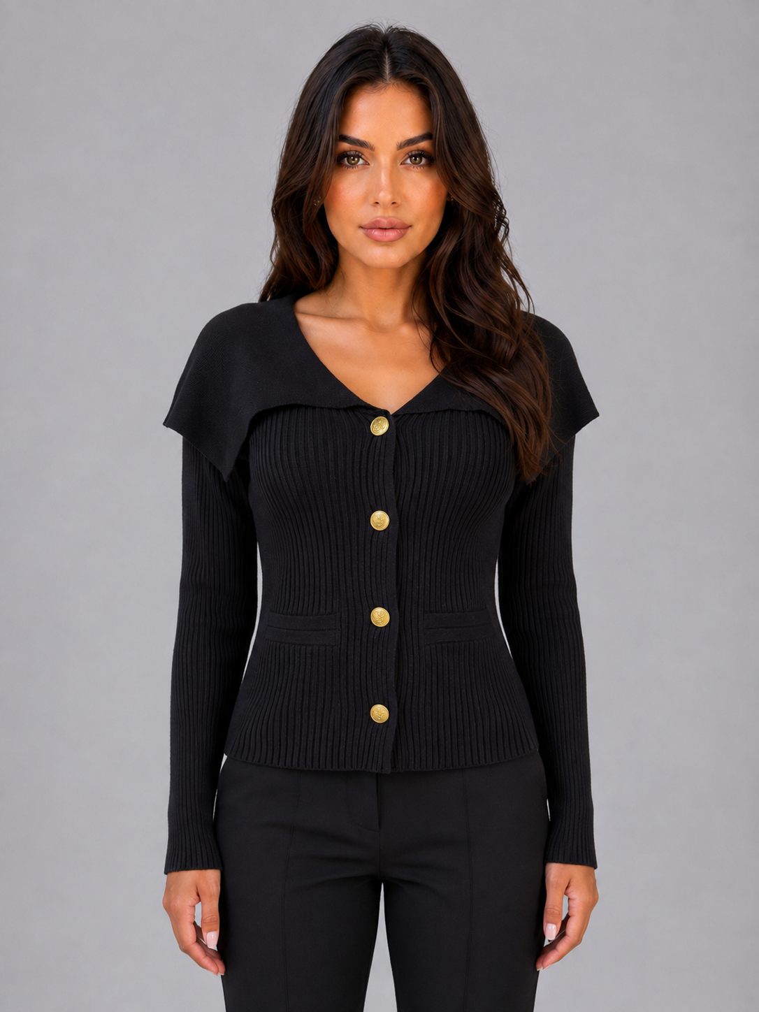 Ribbed Knit Cardigan – Gold Button Cape Collar Jumper