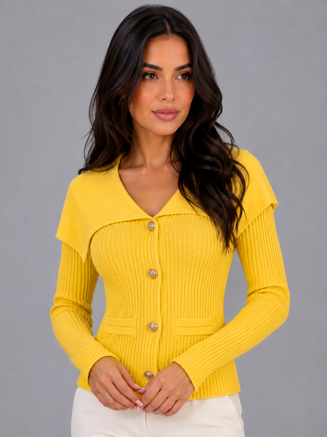 Ribbed Knit Cardigan – Gold Button Cape Collar Jumper