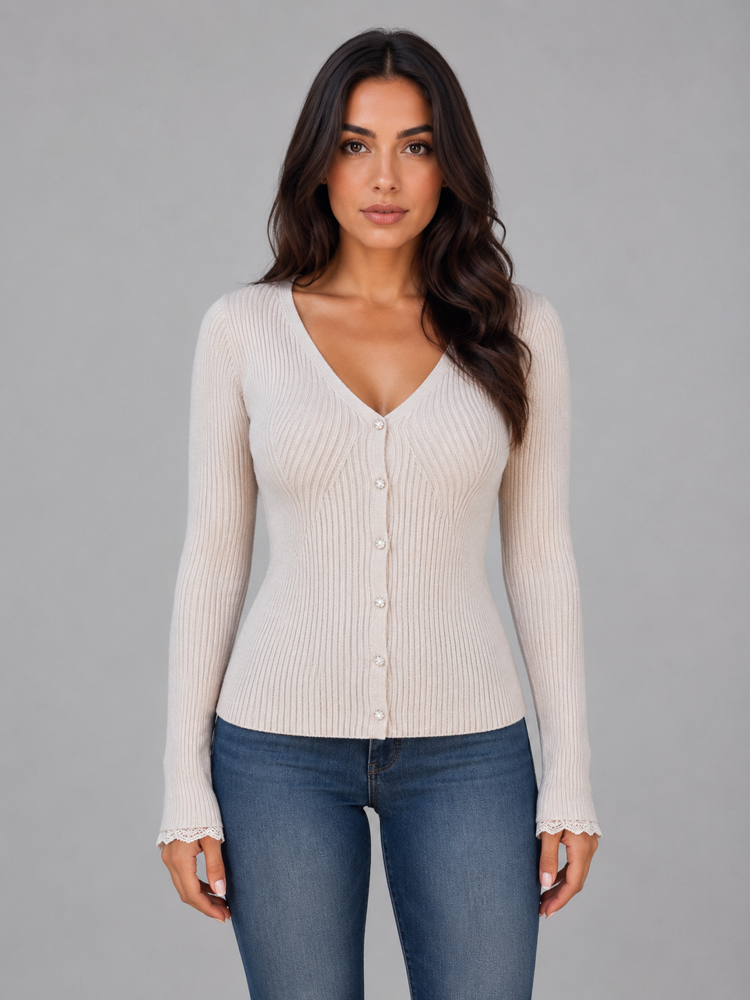 Ribbed Knit Cardigan – V-Neck Button Up Jumper