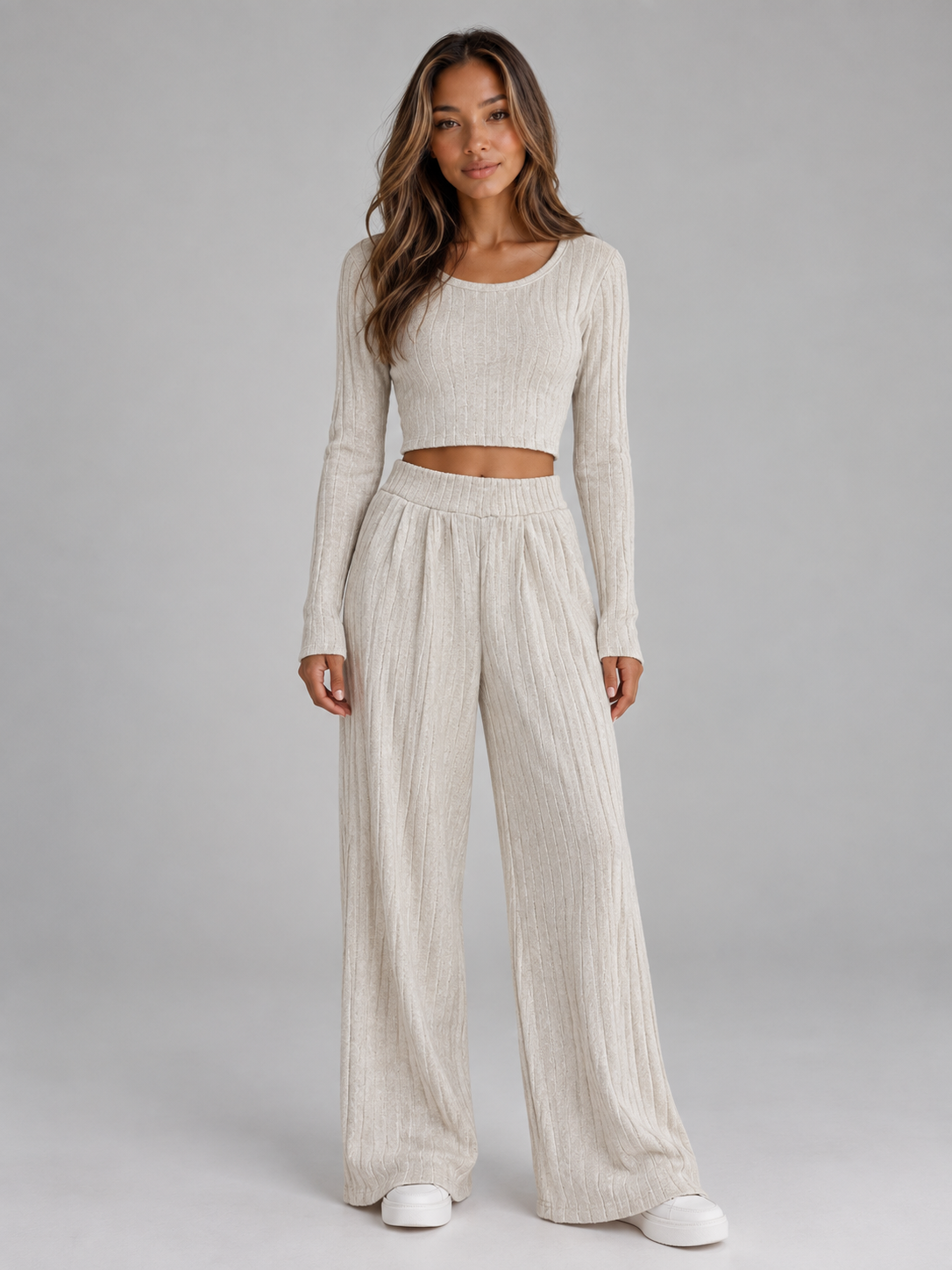Ribbed Knit Co-Ord Set – Cropped Long Sleeve Top & Wide Leg Trousers