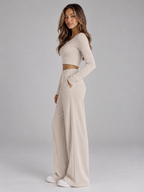 Ribbed Knit Co-Ord Set – Cropped Long Sleeve Top & Wide Leg Trousers