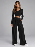 Ribbed Knit Co-Ord Set – Cropped Long Sleeve Top & Wide Leg Trousers