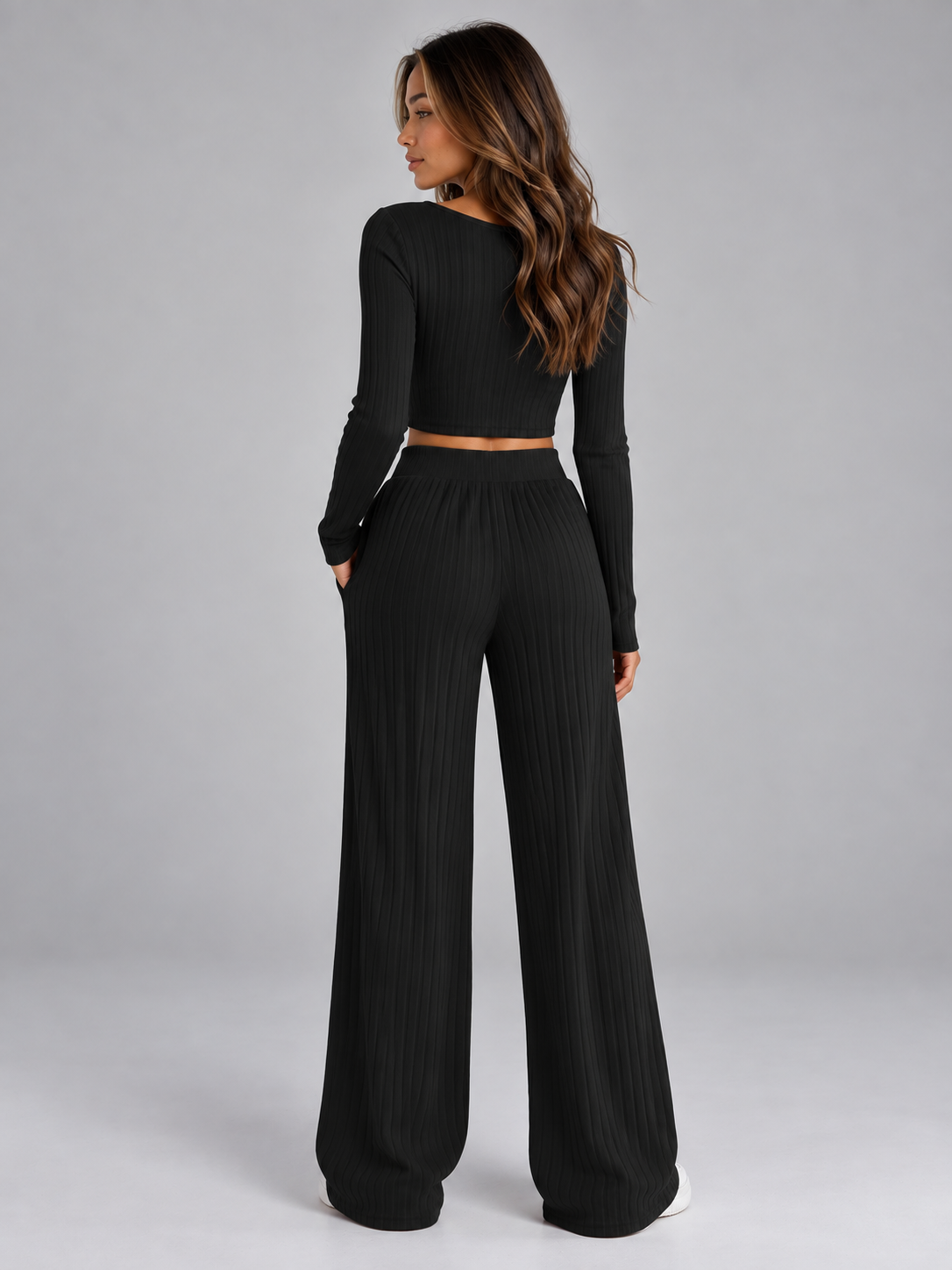 Ribbed Knit Co-Ord Set – Cropped Long Sleeve Top & Wide Leg Trousers
