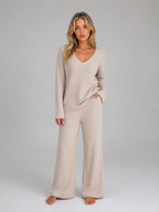 Ribbed Knit Lounge Set – Soft V-Neck Jumper & Wide Leg Trousers Co-Ord