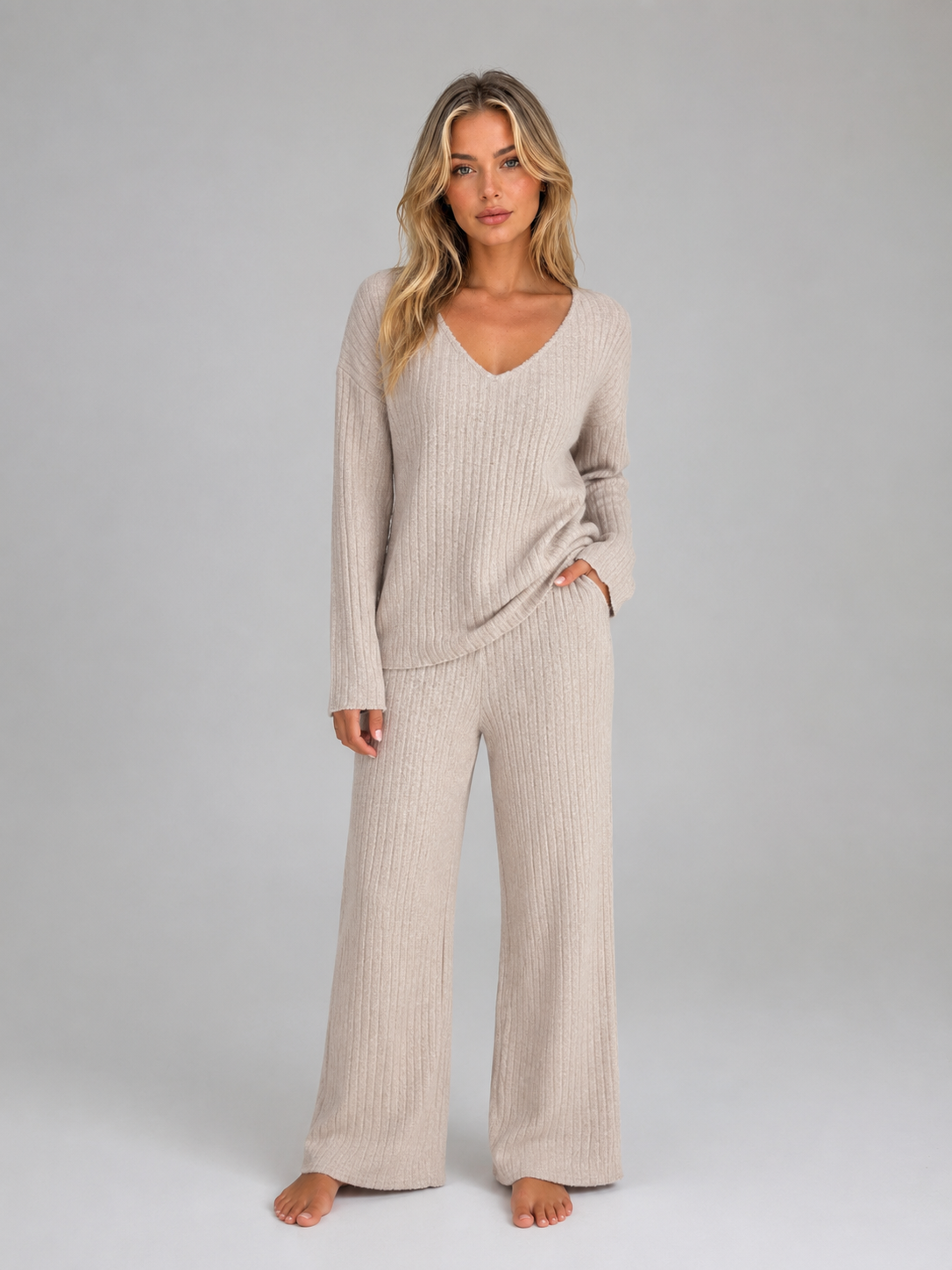 Ribbed Knit Lounge Set – Soft V-Neck Jumper & Wide Leg Trousers Co-Ord
