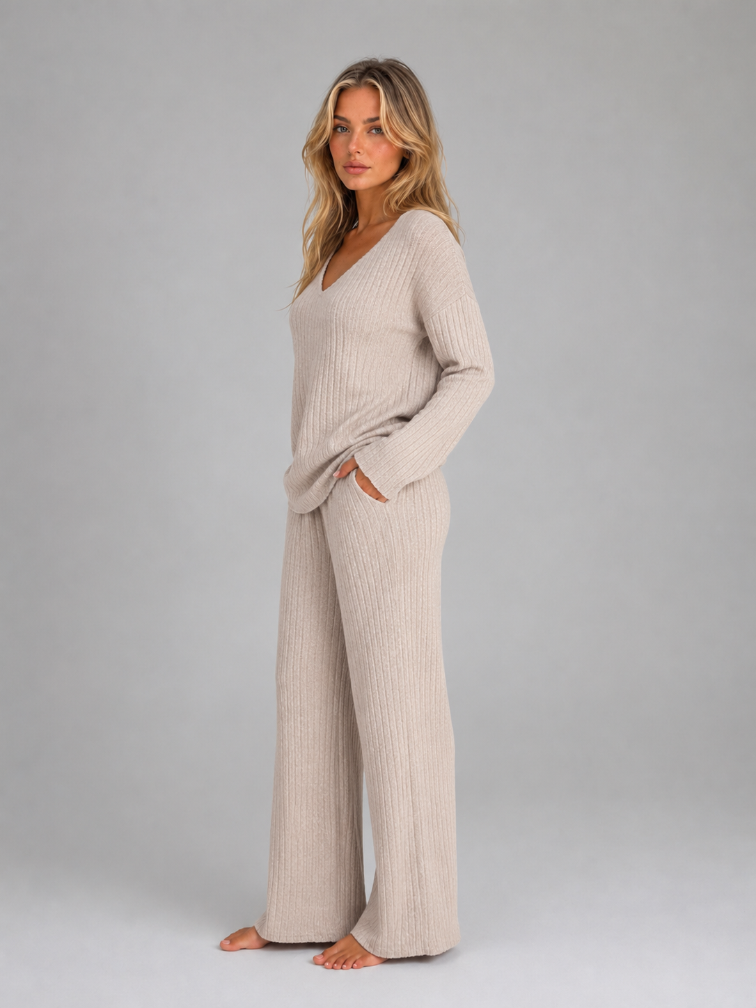 Ribbed Knit Lounge Set – Soft V-Neck Jumper & Wide Leg Trousers Co-Ord