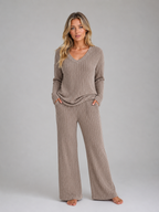 Ribbed Knit Lounge Set – Soft V-Neck Jumper & Wide Leg Trousers Co-Ord