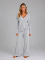 Ribbed Knit Lounge Set – Soft V-Neck Jumper & Wide Leg Trousers Co-Ord