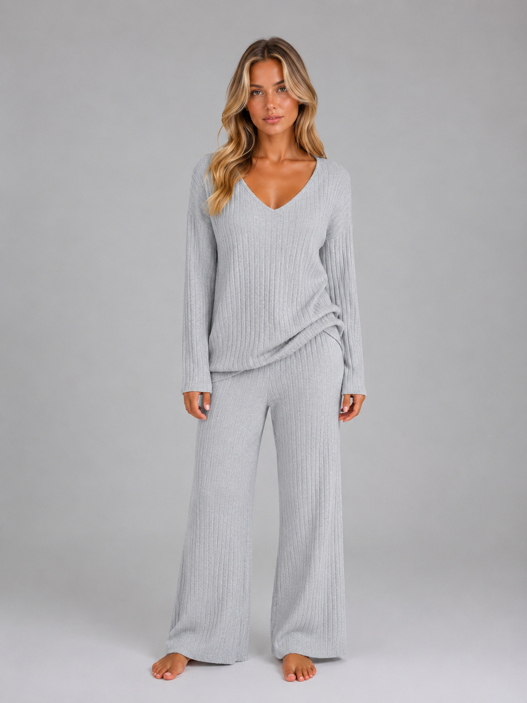 Ribbed Knit Lounge Set – Soft V-Neck Jumper & Wide Leg Trousers Co-Ord