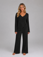 Ribbed Knit Lounge Set – Soft V-Neck Jumper & Wide Leg Trousers Co-Ord