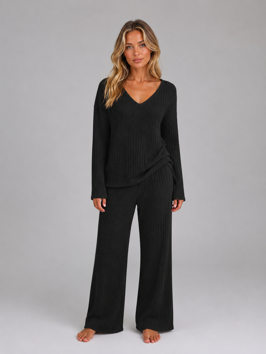 Ribbed Knit Lounge Set – Soft V-Neck Jumper & Wide Leg Trousers Co-Ord