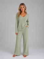 Ribbed Knit Lounge Set – Soft V-Neck Jumper & Wide Leg Trousers Co-Ord