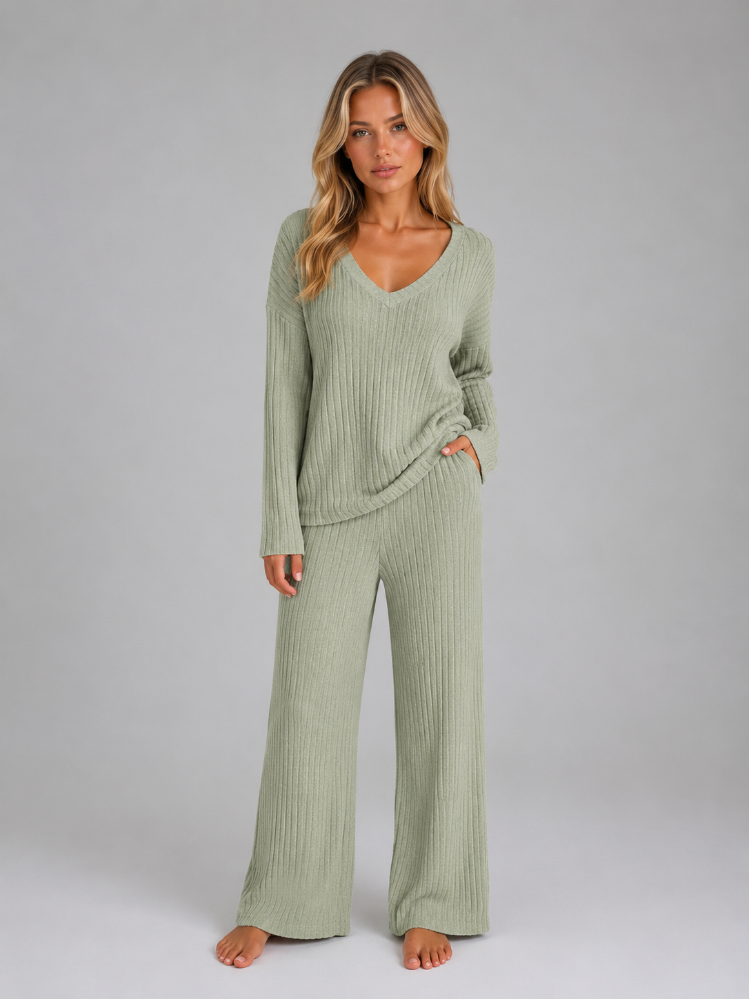 Ribbed Knit Lounge Set – Soft V-Neck Jumper & Wide Leg Trousers Co-Ord