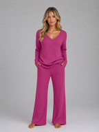 Ribbed Knit Lounge Set – Soft V-Neck Jumper & Wide Leg Trousers Co-Ord