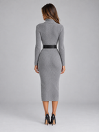 Ribbed Knit Midi Dress with Belt – Roll Neck Long Sleeve Jumper Dress