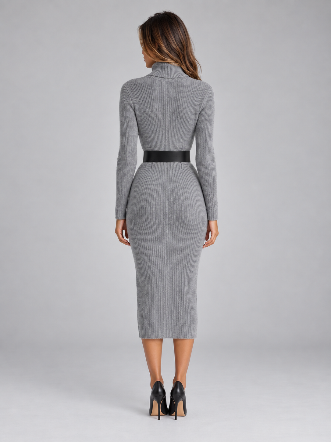 Ribbed Knit Midi Dress with Belt – Roll Neck Long Sleeve Jumper Dress