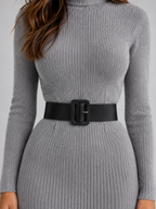 Ribbed Knit Midi Dress with Belt – Roll Neck Long Sleeve Jumper Dress