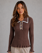Ribbed Knit Polo Jumper – Long Sleeve Fitted Top