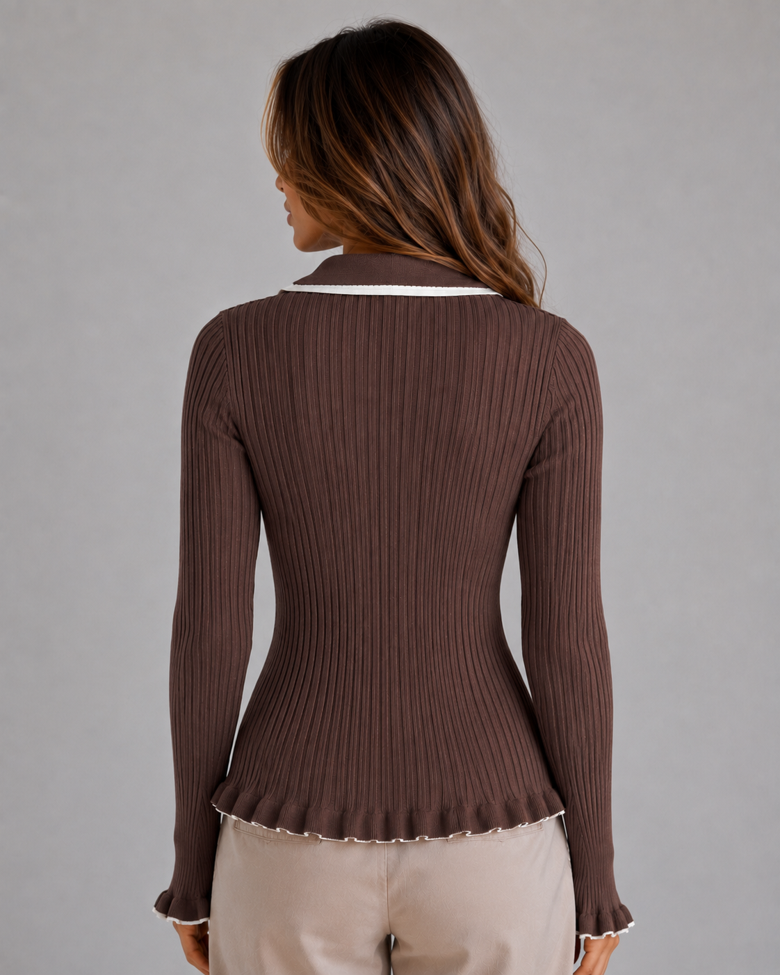 Ribbed Knit Polo Jumper – Long Sleeve Fitted Top