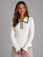 Ribbed Knit Polo Jumper – Long Sleeve Fitted Top