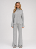 Ribbed Knitted Lounge Set – Roll Neck Jumper & Wide Leg Trousers