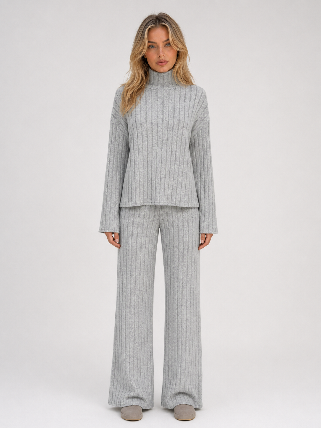 Ribbed Knitted Lounge Set – Roll Neck Jumper & Wide Leg Trousers