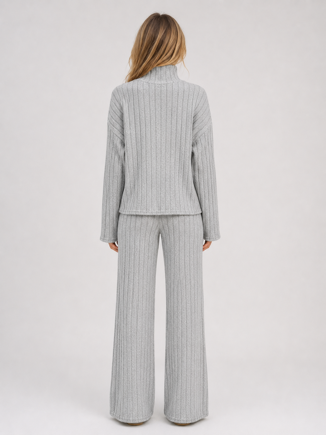 Ribbed Knitted Lounge Set – Roll Neck Jumper & Wide Leg Trousers