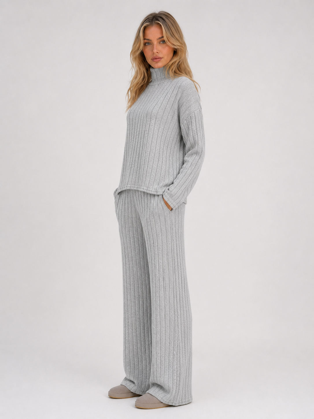 Ribbed Knitted Lounge Set – Roll Neck Jumper & Wide Leg Trousers
