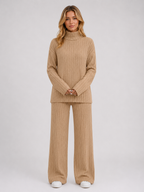 Ribbed Knitted Lounge Set – Roll Neck Jumper & Wide Leg Trousers