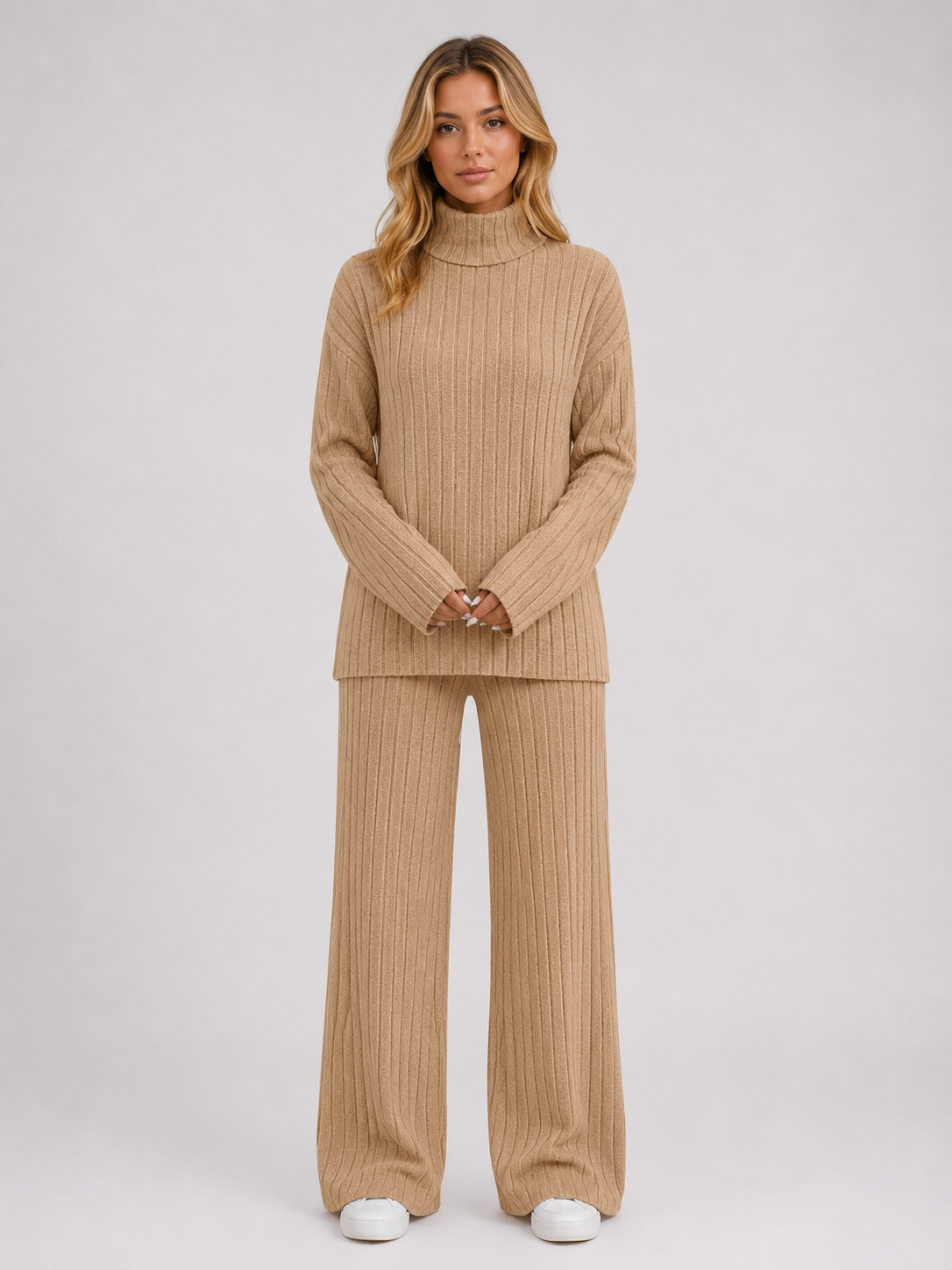 Ribbed Knitted Lounge Set – Roll Neck Jumper & Wide Leg Trousers