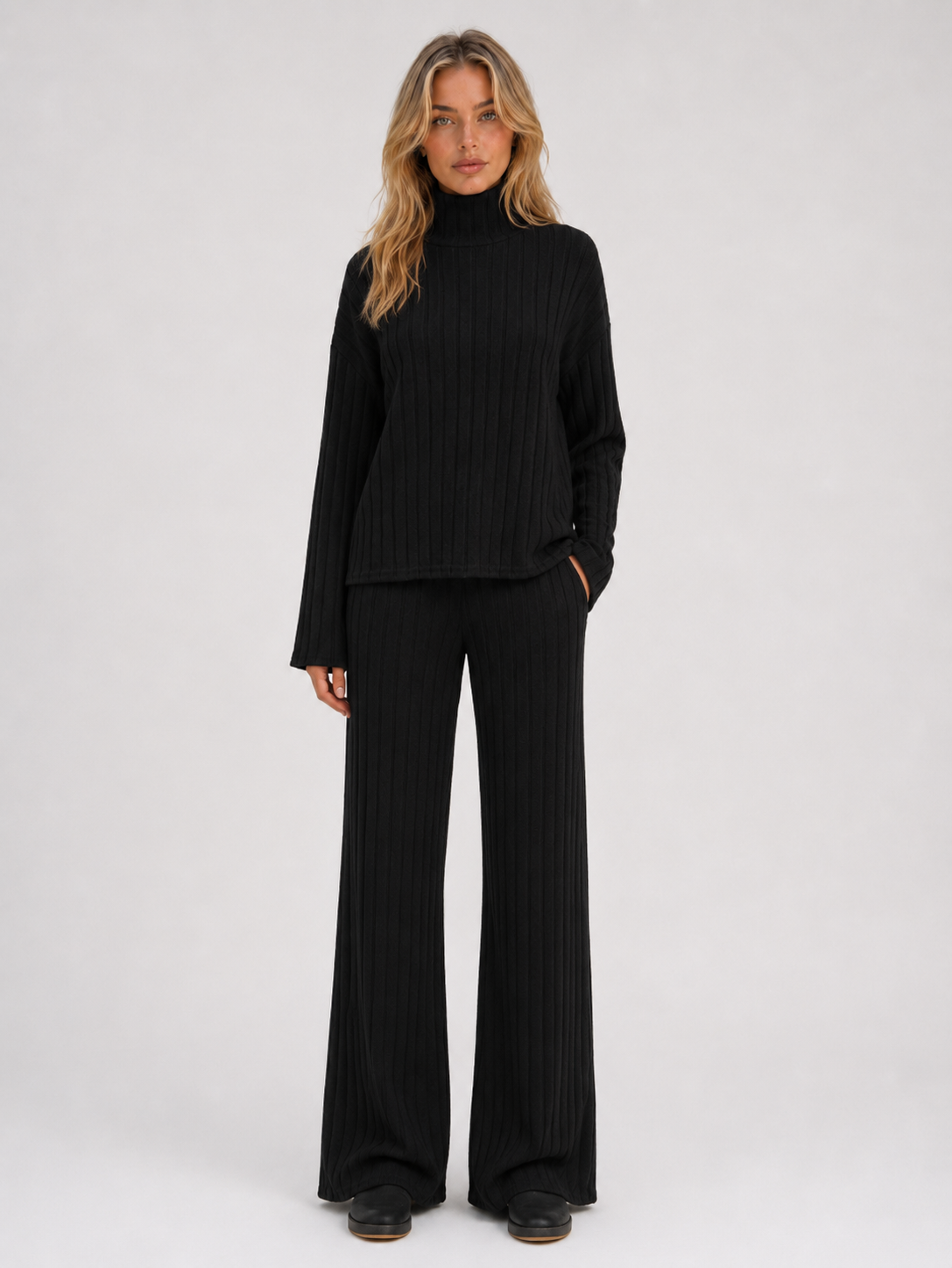 Ribbed Knitted Lounge Set – Roll Neck Jumper & Wide Leg Trousers